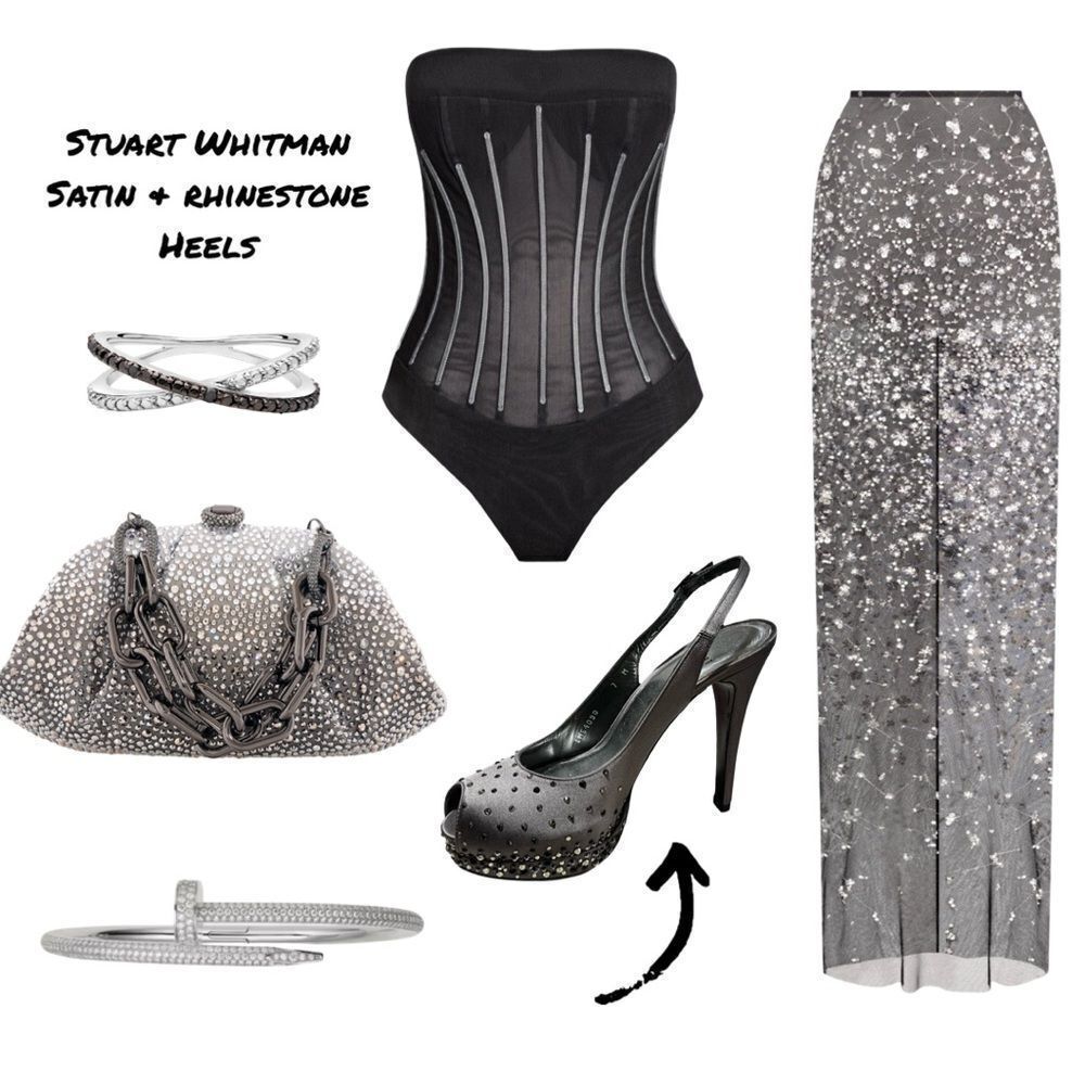 Stuart Weitzman Gray Satin With Silver & Black Rhinestone Platform Heels